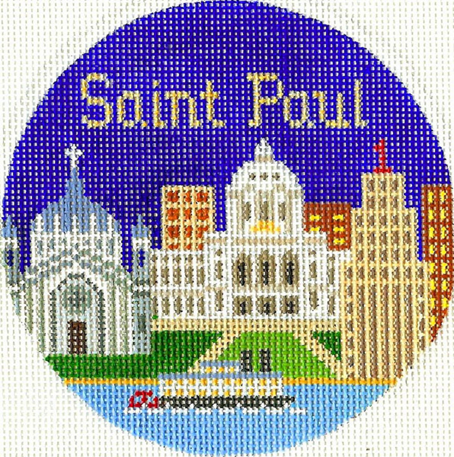 Travel Round ~ SAINT PAUL, MINNESOTA handpainted 4.25" Needlepoint Canvas by Silver Needle