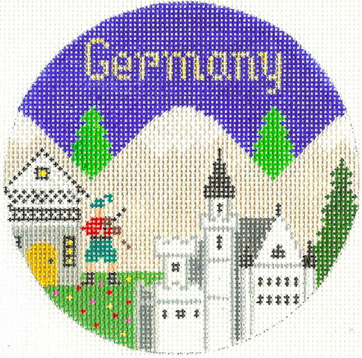 Travel Round ~ GERMANY handpainted 4.25" Rd. 18 Mesh Needlepoint Canvas by Silver Needle