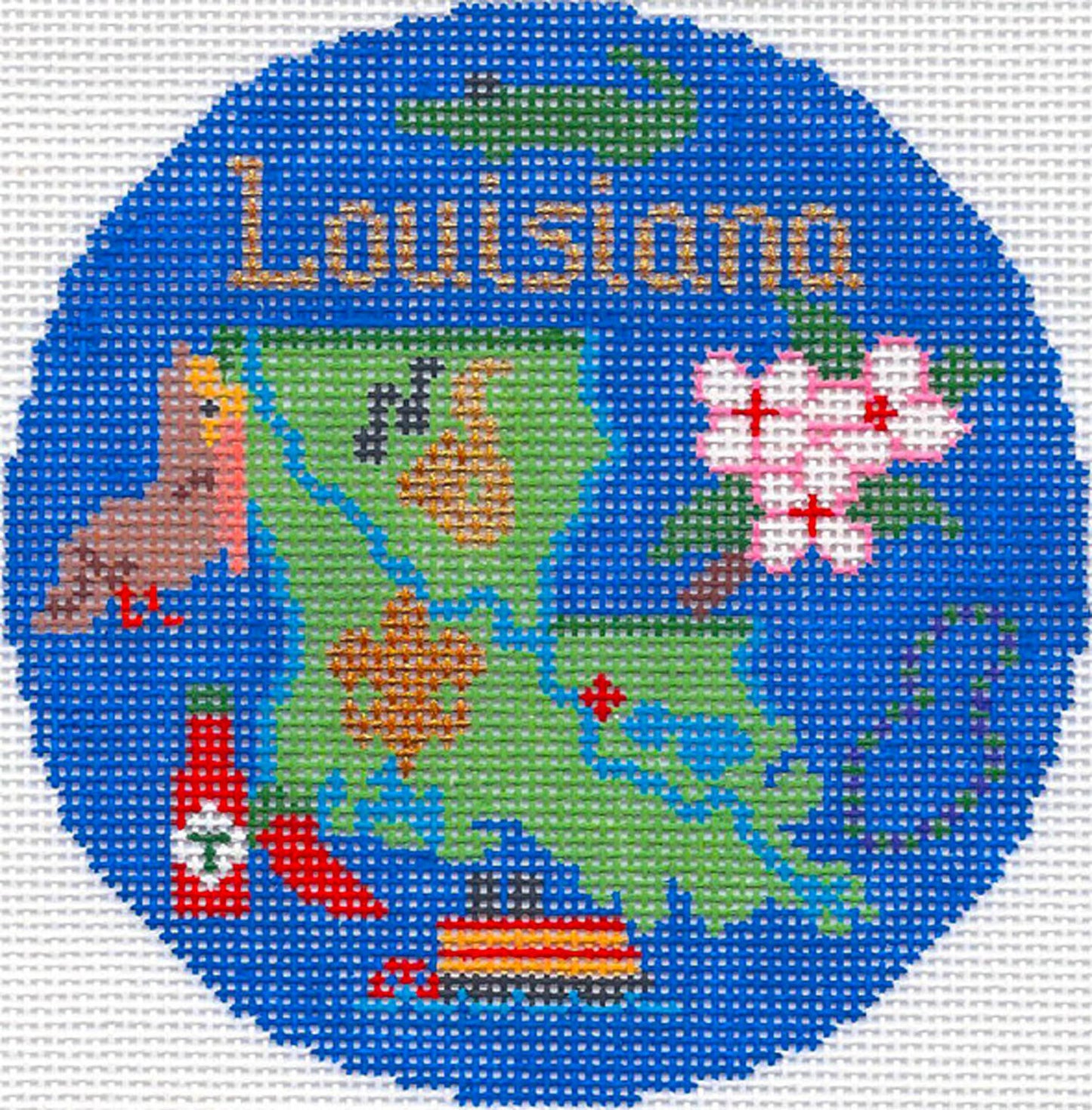 Travel Round ~ STATE of LOUISIANA 18 Mesh handpainted 4.25" Needlepoint Ornament Canvas by Silver Needle