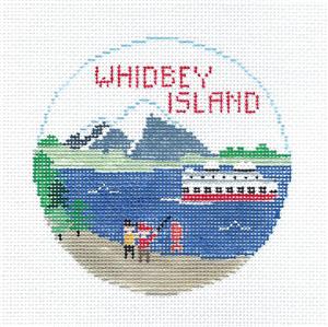 Travel Round ~ WHIDBEY ISLAND, WASHINGTON handpainted 4" Rd. Needlepoint Canvas by Kathy Schenkel