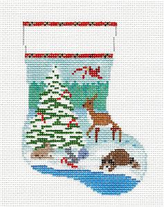 Christmas ~ Woodland Forest Friends Mini Stocking 13 mesh handpaint Needlepoint Canvas Susan Roberts