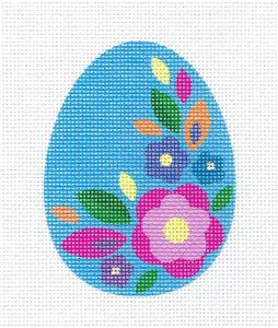Egg canvas ~ Flowers on a Blue Egg handpainted 18 Mesh Needlepoint Ornament by Pepperberry