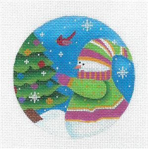 Round ~ Snowman and Cardinal Decorating Their Christmas Tree handpainted 4"Rd. 18 mesh Needlepoint Ornament by Pepperberry