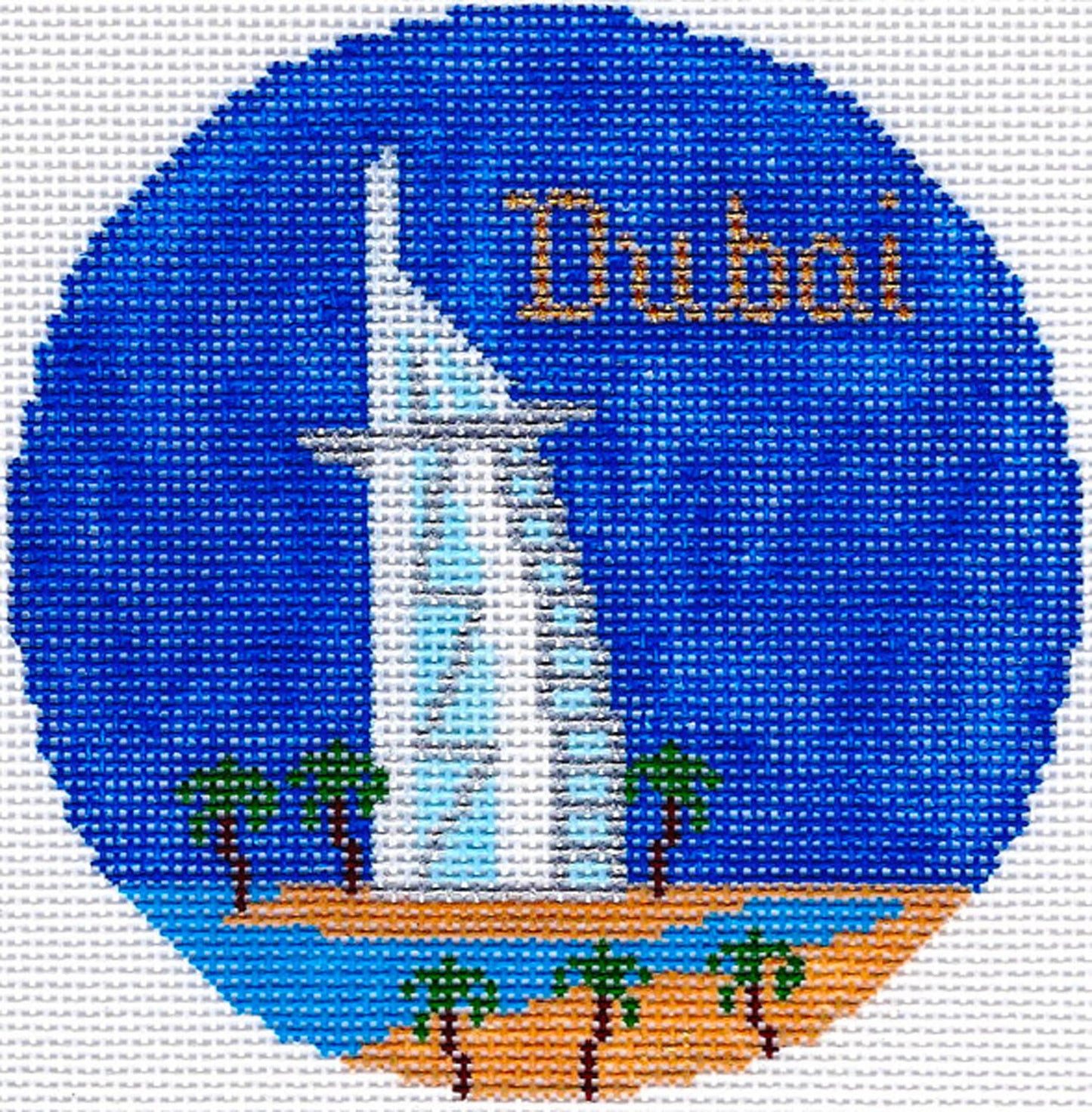 Travel Round ~ CITY of DUBAI, UNITED ARAB EMIRATES handpainted 4.25" Needlepoint Canvas by Silver Needle