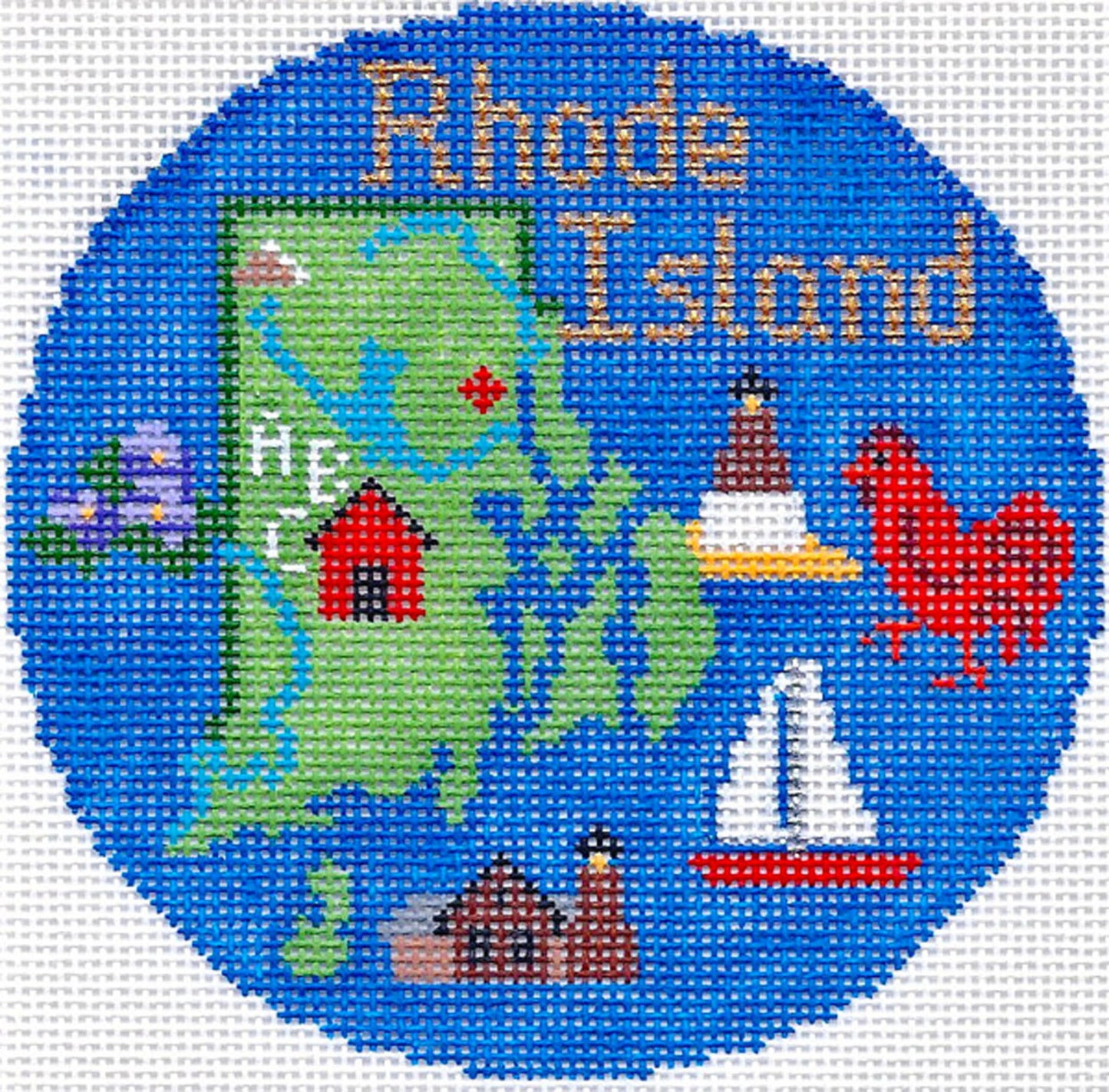 Travel Round ~ RHODE ISLAND handpainted 4.25" Needlepoint Ornament Canvas by Silver Needle