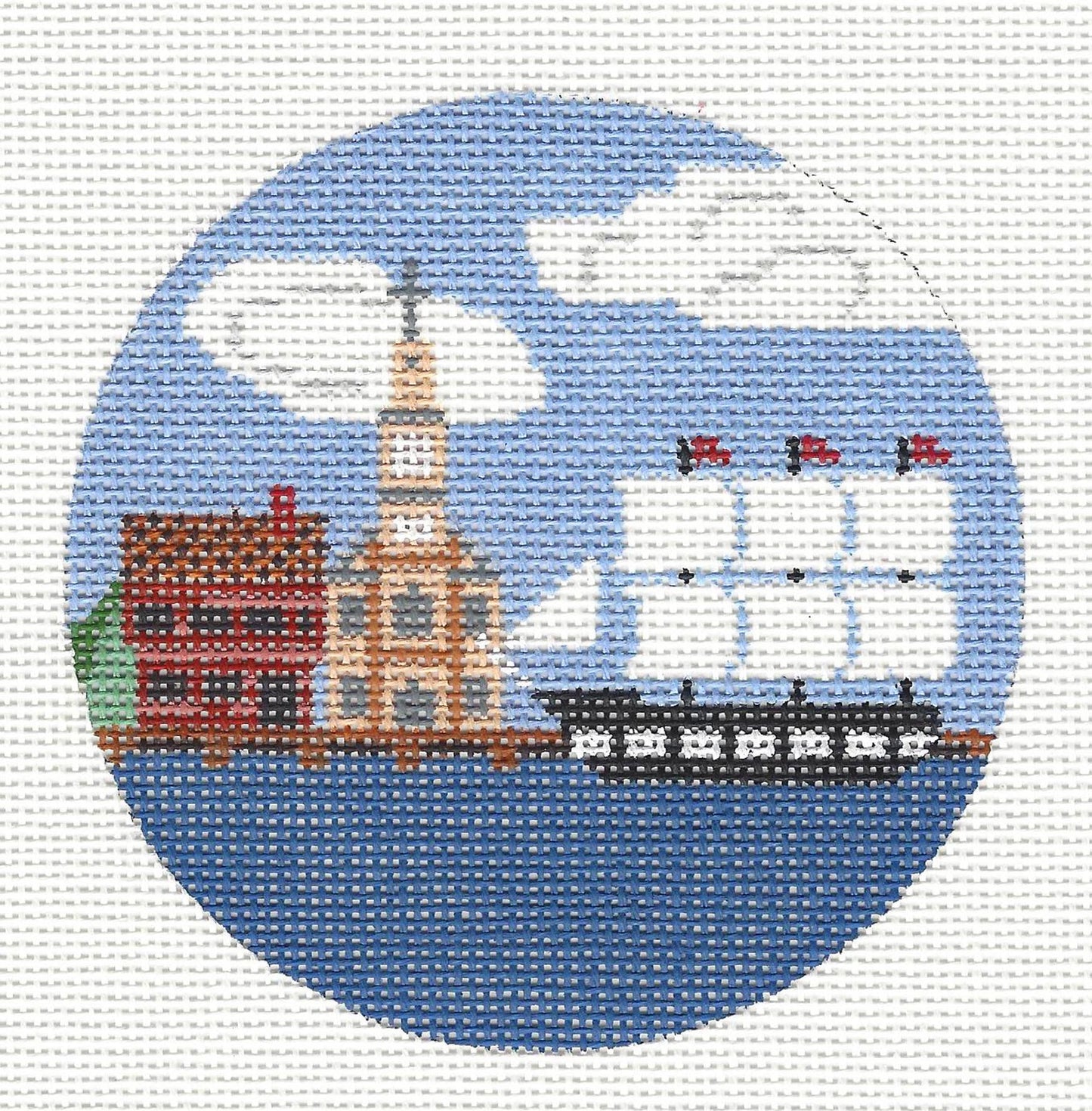 Travel Round ~ Boston, Massachusetts Destination round handpainted 4" Needlepoint Canvas by Painted Pony