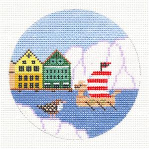 Travel Round ~ NORWAY Viking Ship & Iceberg handpainted 18 Mesh Needlepoint Canvas 4" Ornament by Painted Pony