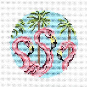 Bird Round ~ 3 Flamingos & Palm Trees 3" Rd. handpainted Needlepoint Canvas by Needle Crossings