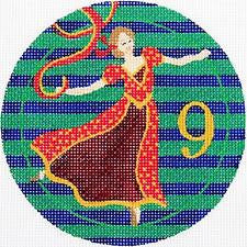 12 Days of Christmas 9 Ladies Dancing 4" Rd. handpainted 18 Mesh Needlepoint Canvas by JulieMar