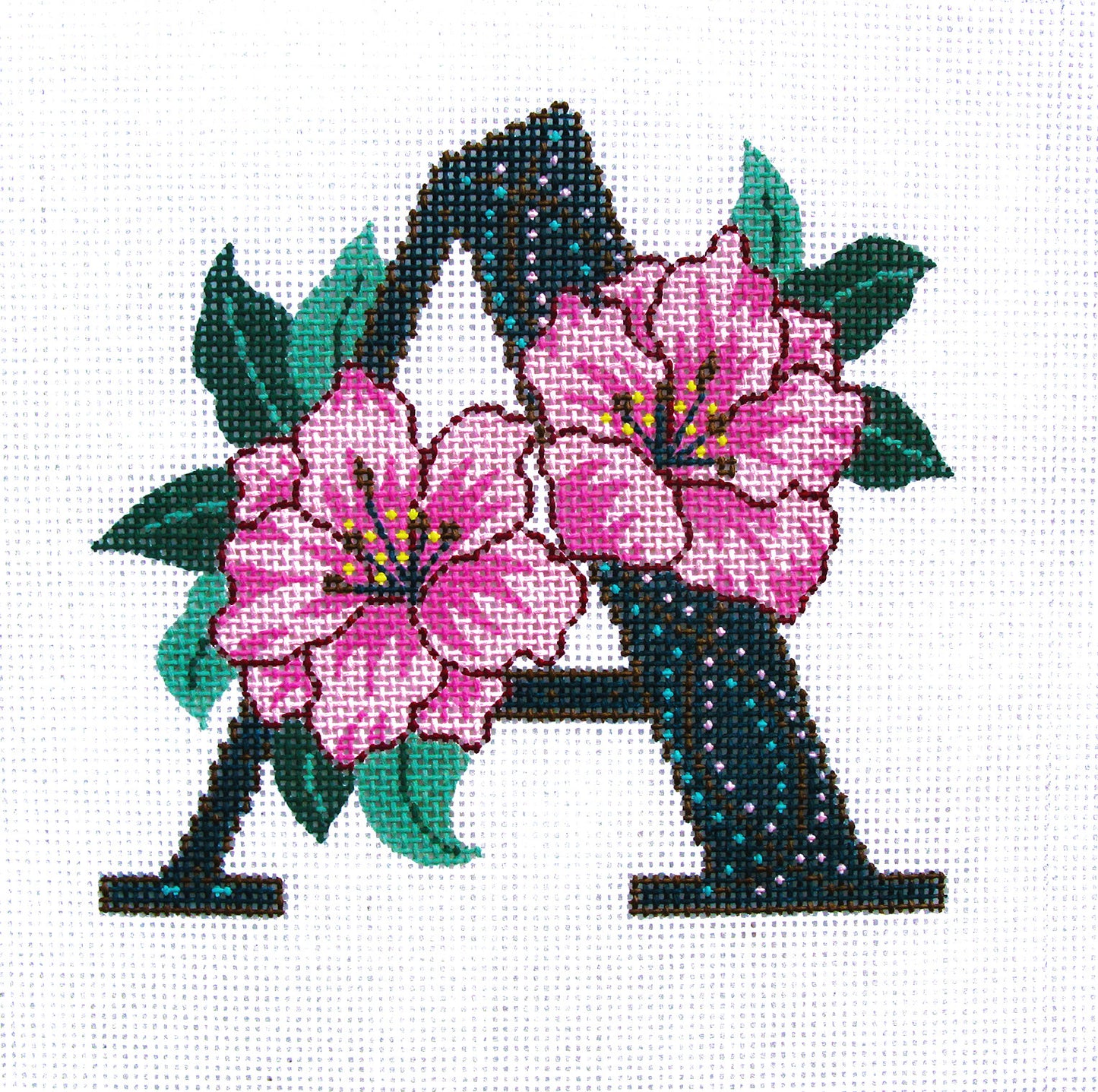 Alphabet Letter ~ " A " with Floral Azalea Design handpainted 16 Mesh Needlepoint Canvas by LEE