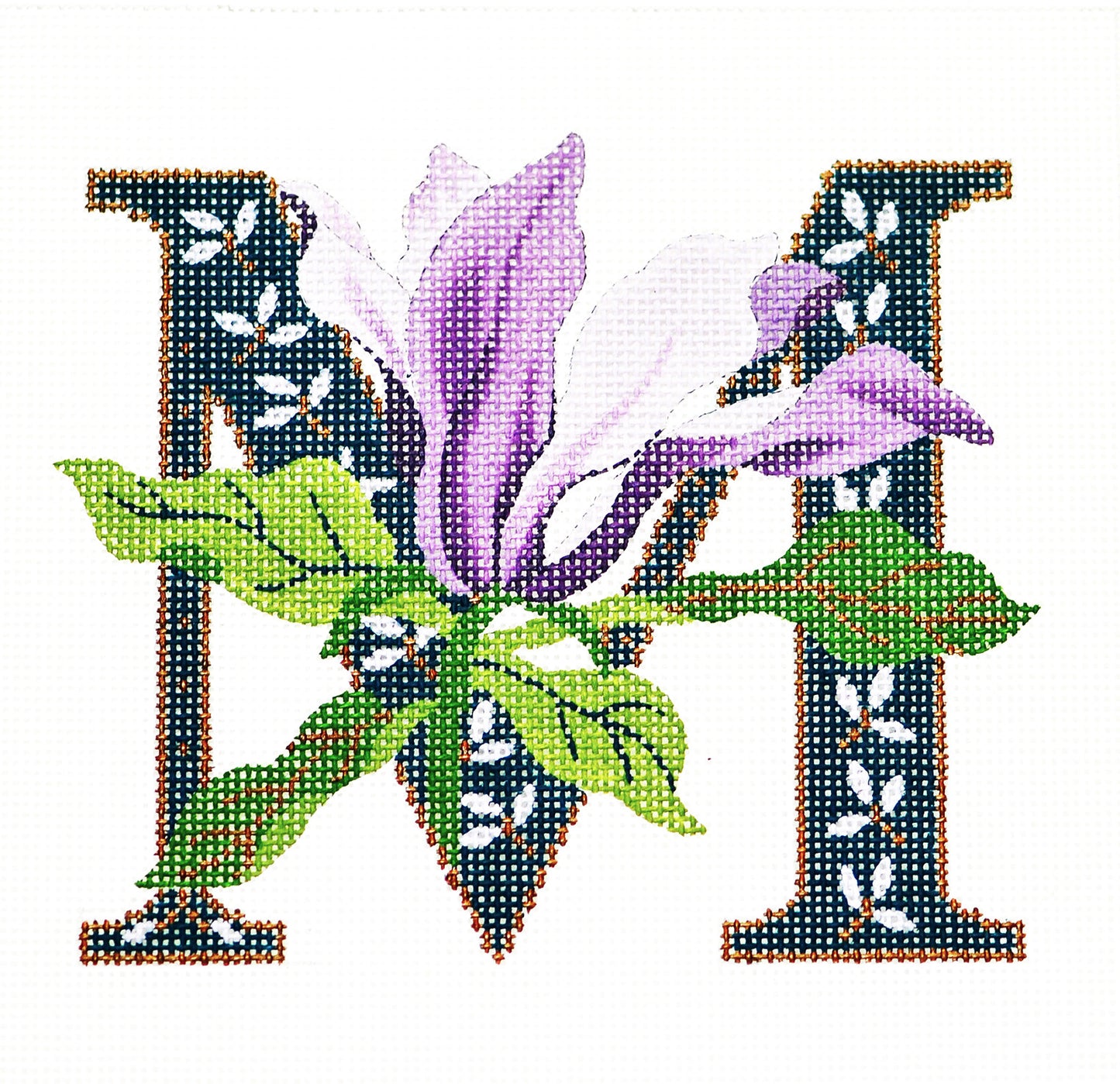 Alphabet Letter ~ "M" with Floral Magnolia 7" Square handpainted 16 Mesh Needlepoint Canvas Design by LEE