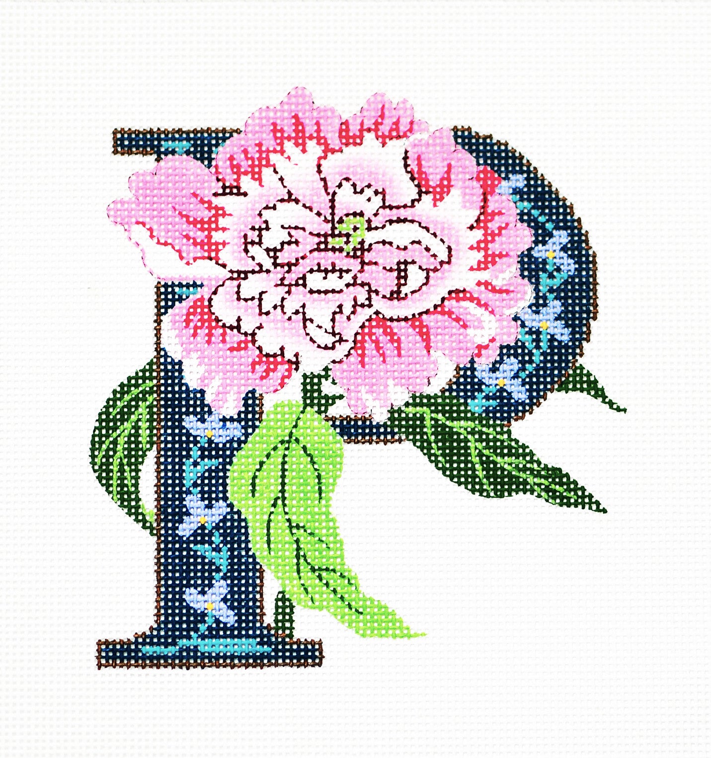 Alphabet Letter ~ " P " with Floral Peony handpainted 16 Mesh Needlepoint Canvas Design by LEE
