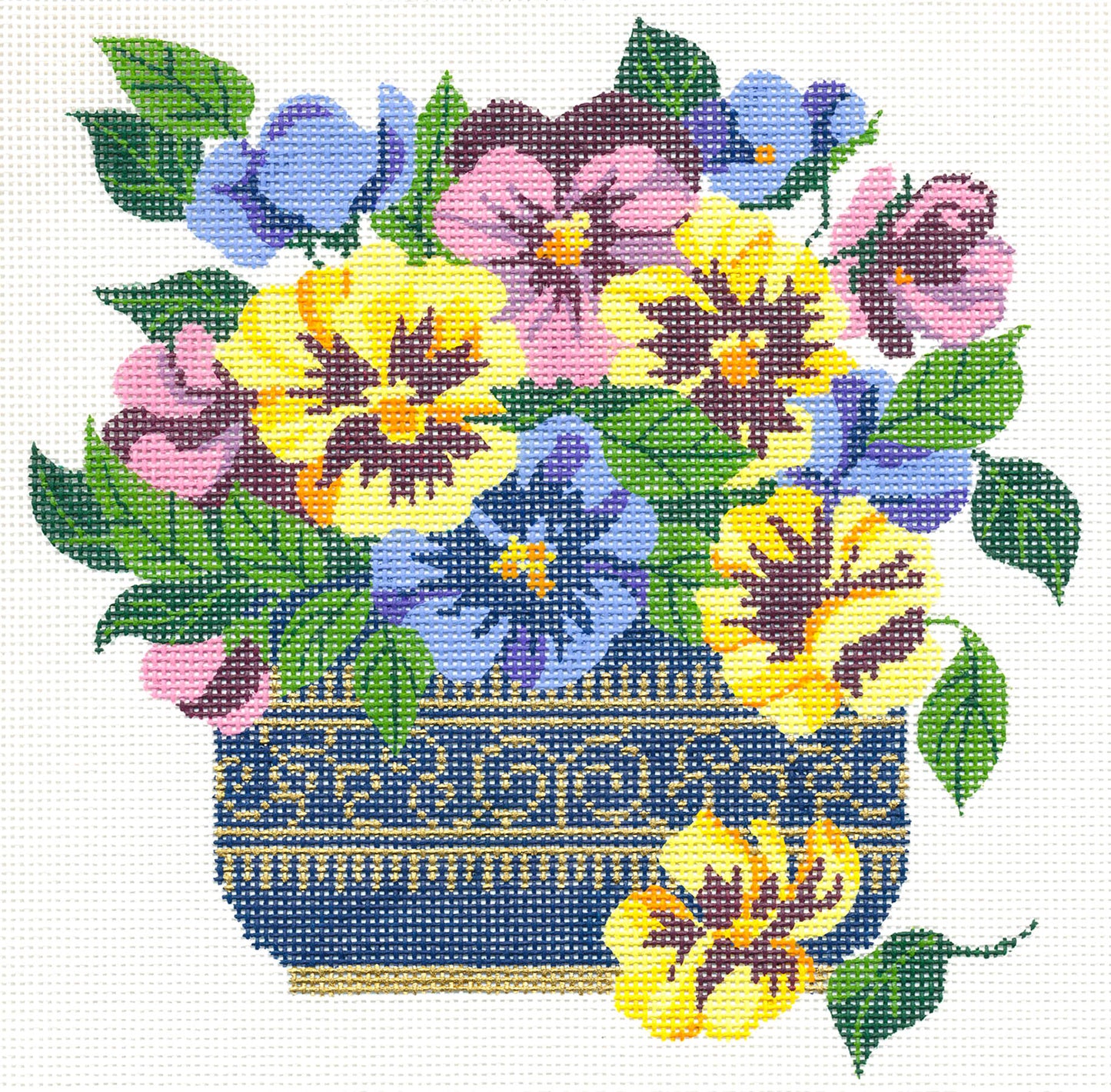 Floral ~ Vase of Spring Pansy Blossoms 7" Design handpainted 18 mesh Needlepoint Canvas by LEE