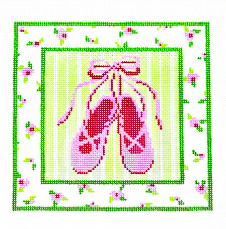 Canvas ~ Girl's Pink Ballet Slippers with Green & Pink Flower Border 13 Mesh handpainted Needlepoint Canvas