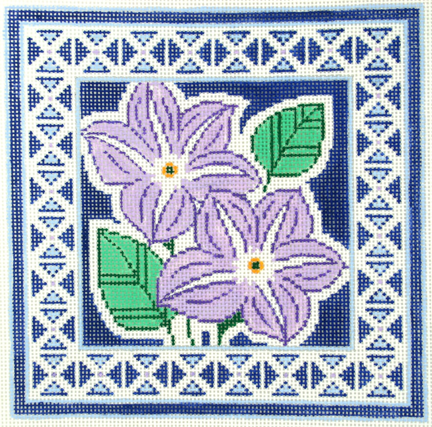 Floral canvas ~ Elegant Purple Violets on Blue Design handpainted Needlepoint Canvas 13mesh by LEE