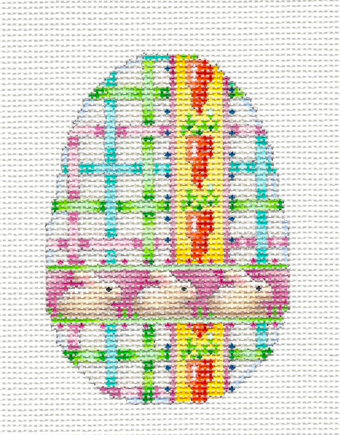 Easter ~ 3 Bunnies, Carrots & Ribbons Egg handpainted Needlepoint Ornament by Assoc. Talents