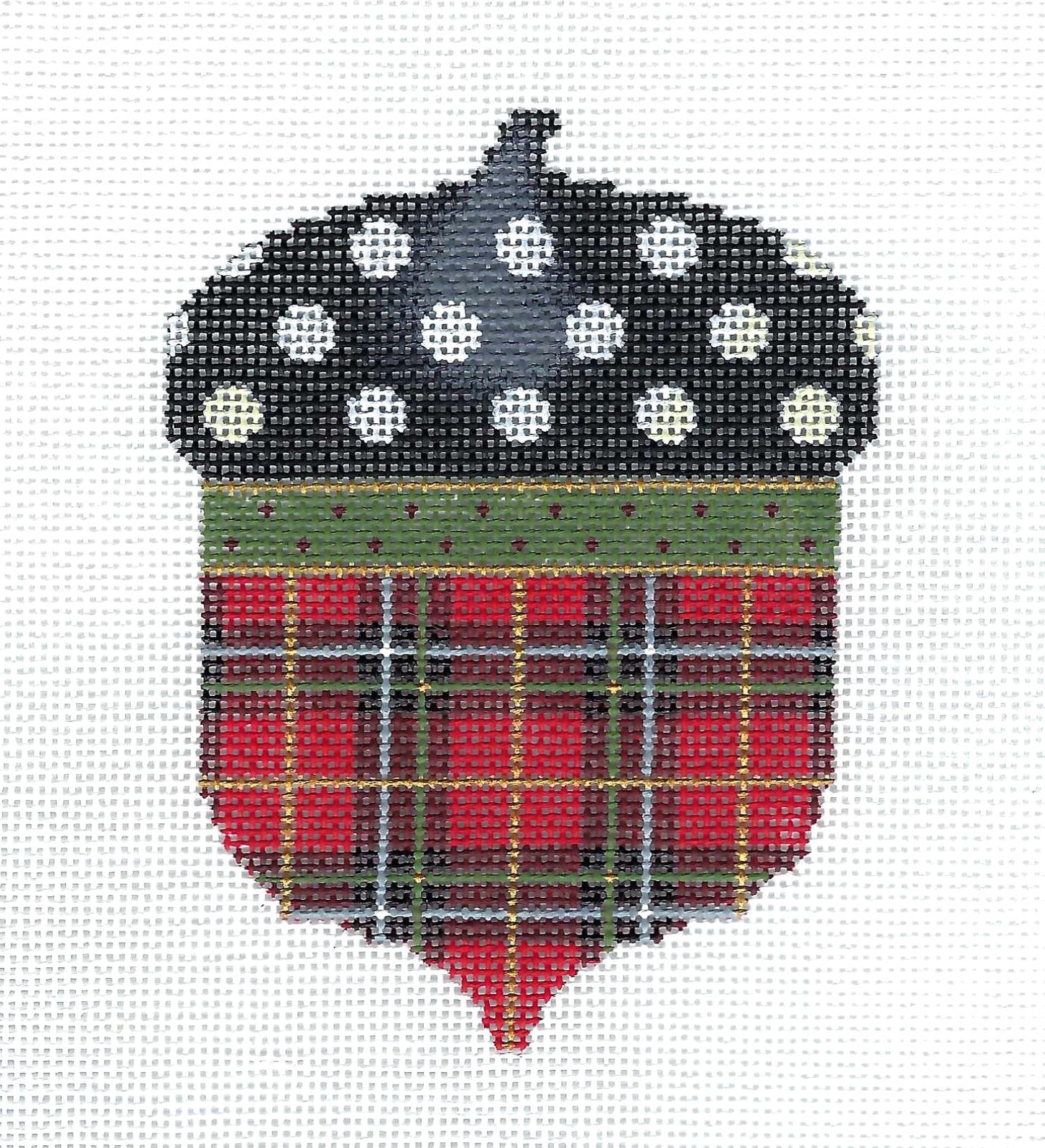 Acorn ~ Christmas Plaid & Dots Acorn Design handpainted Needlepoint Ornament Canvas by Kelly Clark