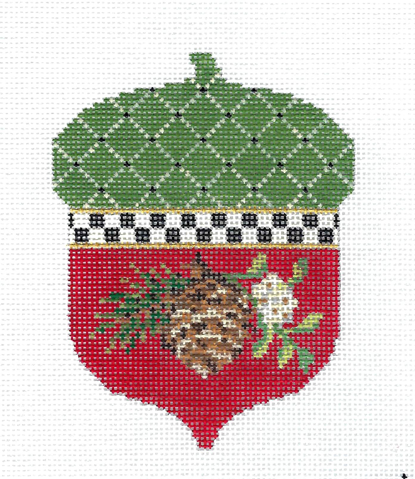 Acorn ~ Christmas Pine Cone & Mistletoe Acorn handpainted Needlepoint Ornament Canvas by Kelly Clark