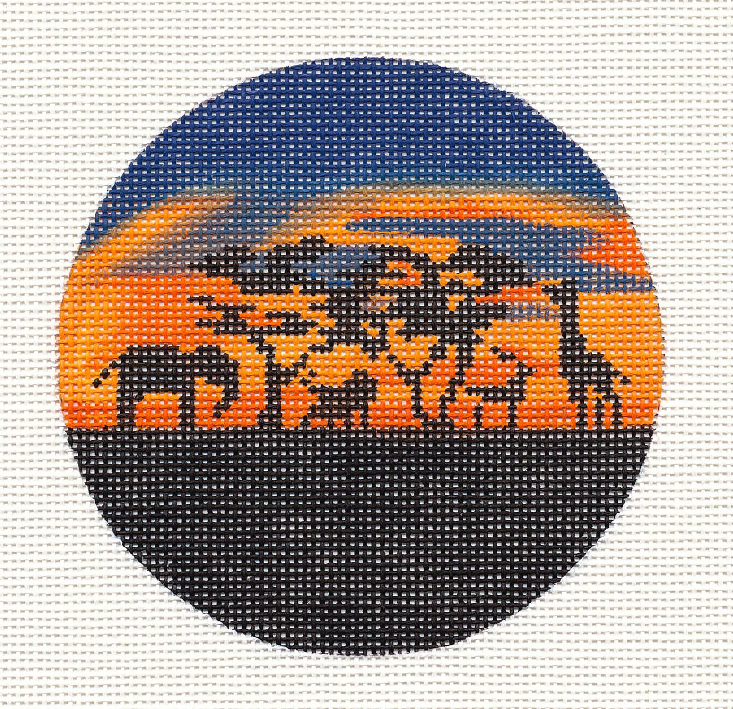 Travel Round ~ Sunset on the Serengeti in Africa Destination 4" Round handpainted 18 Mesh Needlepoint Canvas by Painted Pony