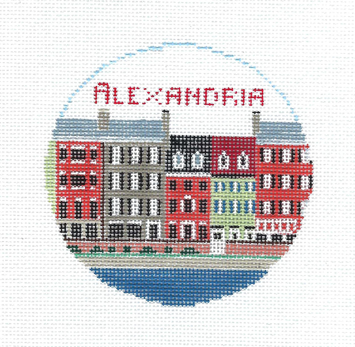 Travel Round ~ ALEXANDRIA, VIRGINIA handpainted 18 Mesh 4" Rd. Needlepoint Canvas by Kathy Schenkel