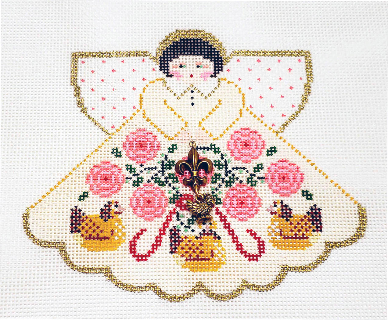 Angel ~ 12 Days of Christmas ~ Three French Hens Angel & Charms 18 Mesh handpainted Needlepoint Canvas Ornament Painted Pony