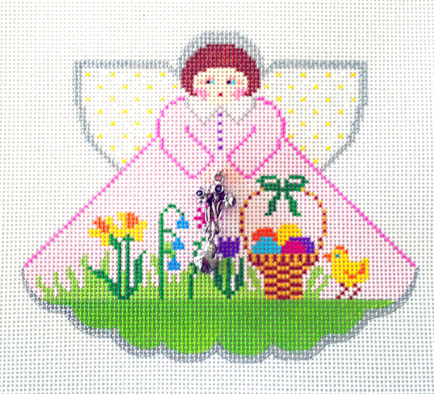 Angel ~ Springtime Pink EASTER Angel & Charms handpainted 18 Mesh Needlepoint Canvas by Painted Pony