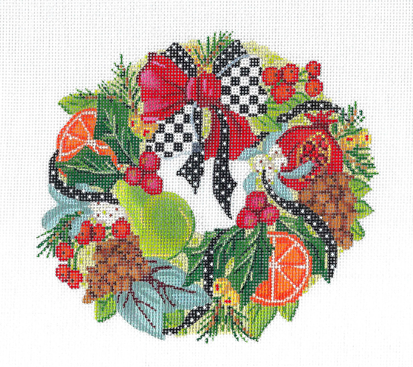 Christmas ~ Christmas Holly & Fruit Wreath handpainted 18 Mesh Needlepoint Canvas by Kelly Clark