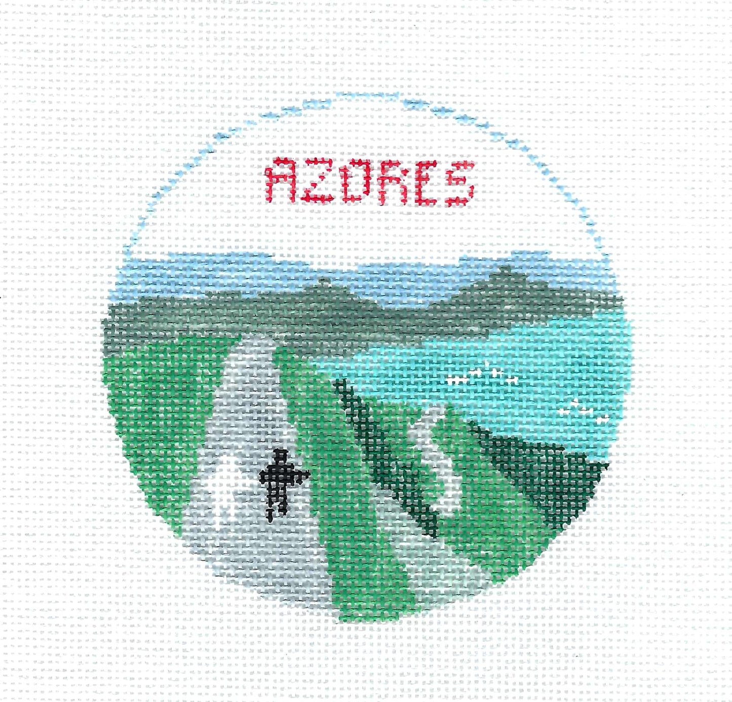 Travel Round ~ AZORES a Region of PORTUGAL 4" handpainted 18 Mesh Needlepoint Canvas by Kathy Schenkel