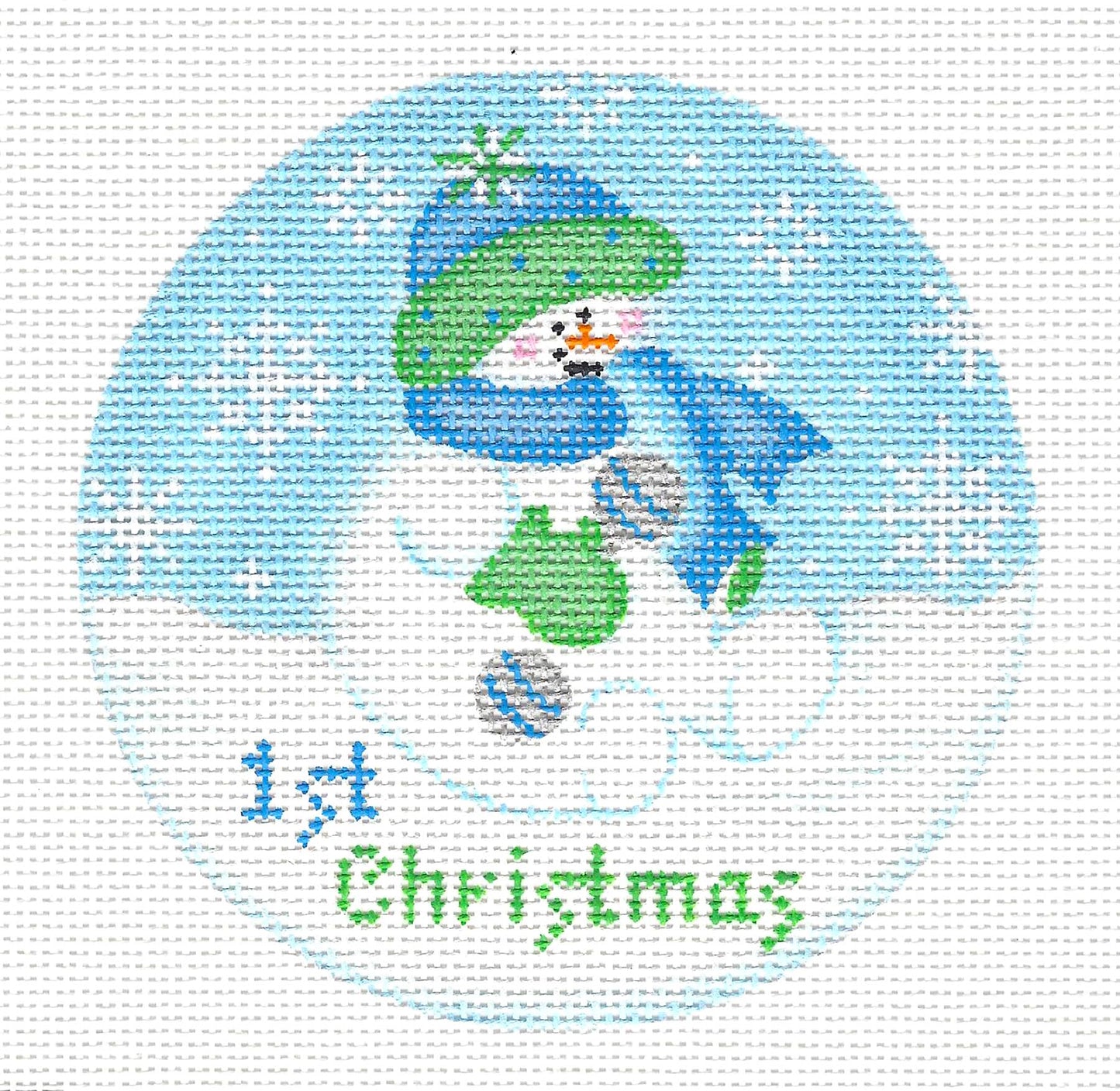 Baby Round ~ Baby Snowboy's 1st Christmas on 18 Mesh handpainted 4" Rd. Needlepoint Canvas by Pepperberry