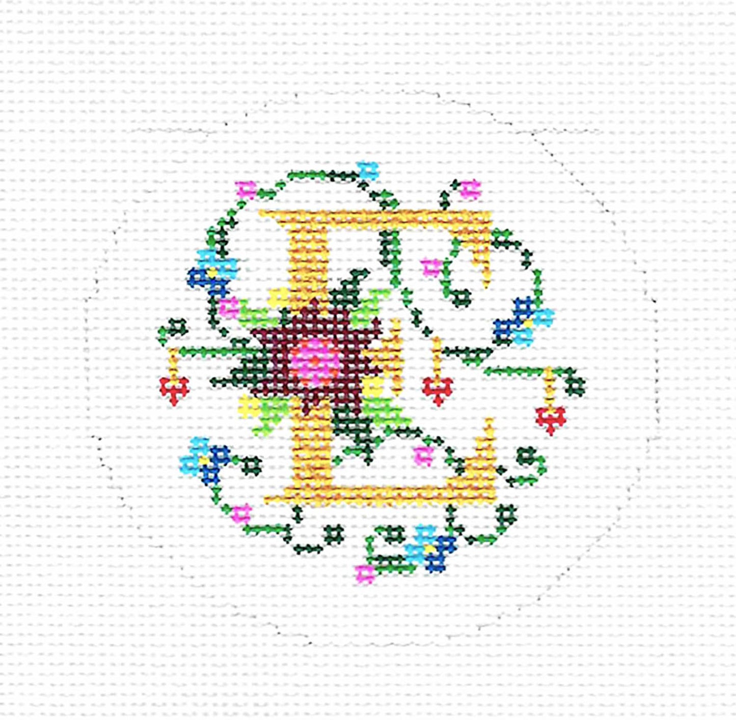 Alphabet ~ Letter "E" Floral Design handpainted Needlepoint Canvas 3" Rd. 18 mesh by Lee