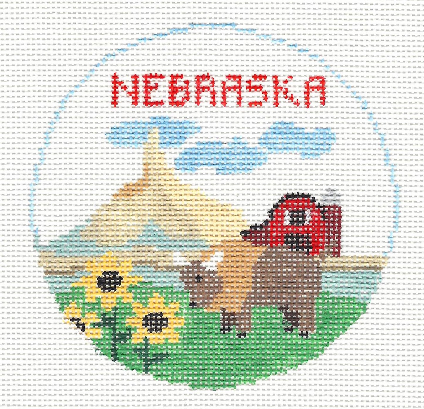 Travel Round ~ State of NEBRASKA handpainted 4" Rd. 18 Mesh Needlepoint Canvas by Kathy Schenkel