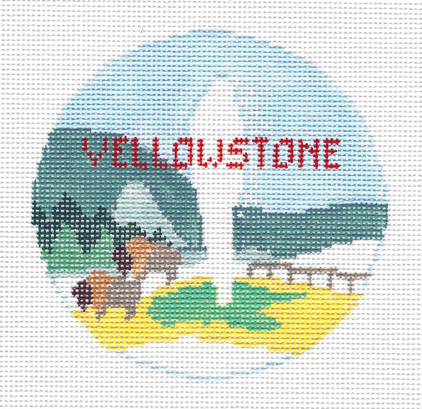 Travel Round ~ Yellowstone National Park in Wyoming handpainted 18 mesh 4" Rd. Needlepoint Canvas by Kathy Schenkel