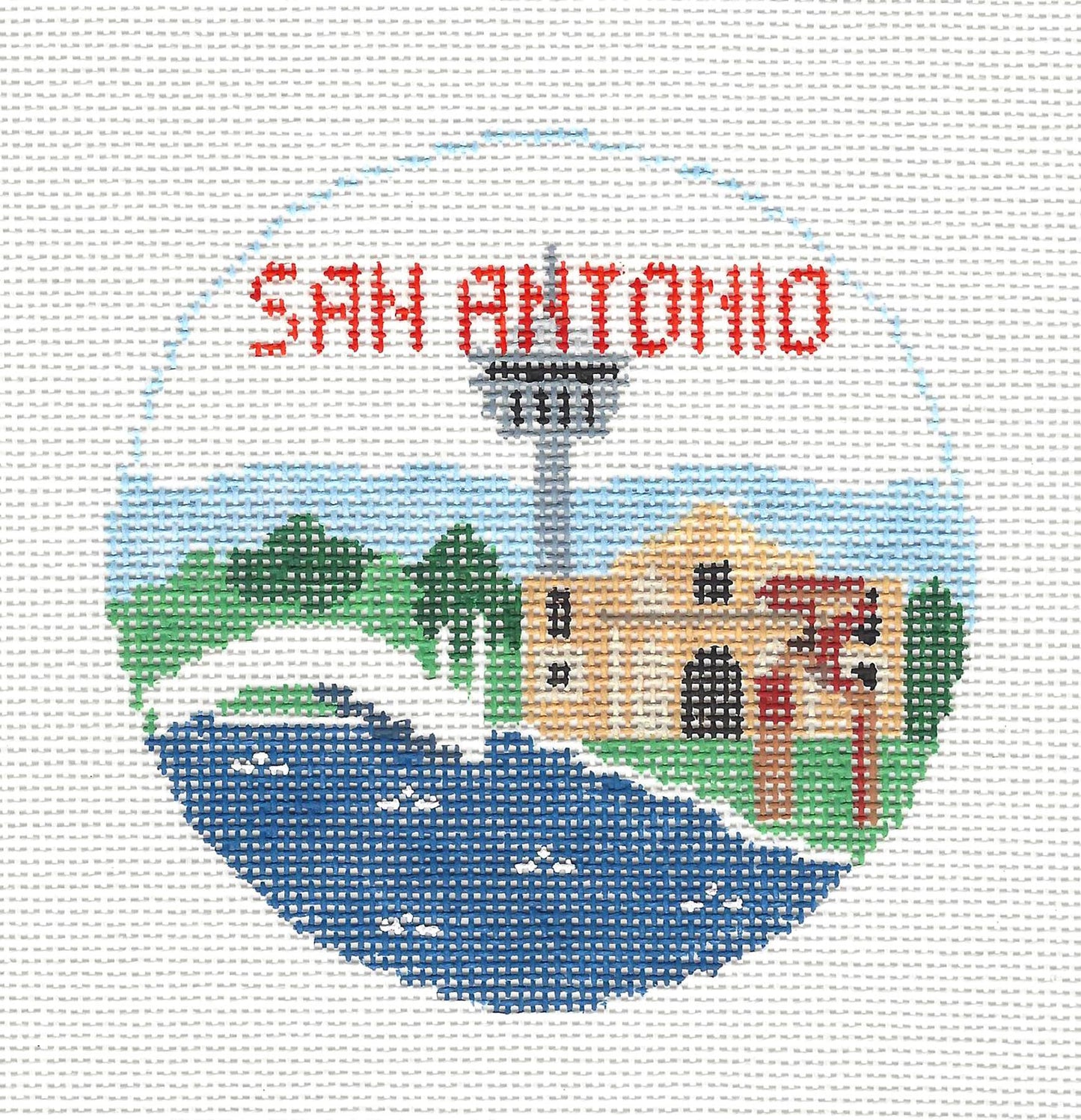 Travel Round ~ San Antonio, Texas handpainted 4" Rd. 18 Mesh Needlepoint Canvas by Kathy Schenkel