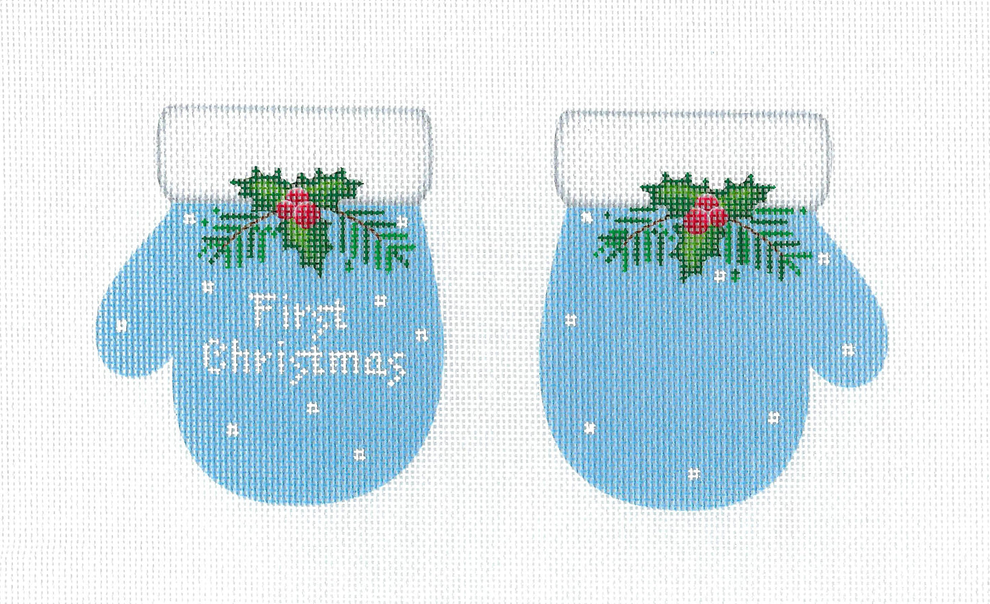 Baby's ~ Baby Boy's First Christmas Mittens ~ 2 Sided ~ Blue Mittens 18 Mesh handpainted Needlepoint Canvas by Pepperberry