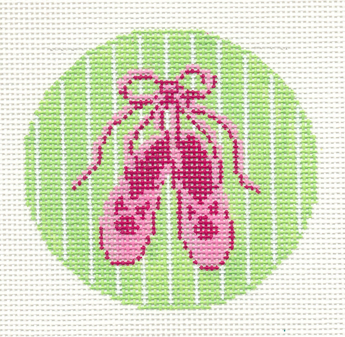 Round ~ Pink Ballet Slippers handpainted 18 Mesh Needlepoint Canvas 3" Rd. Ornament or Insert by LEE