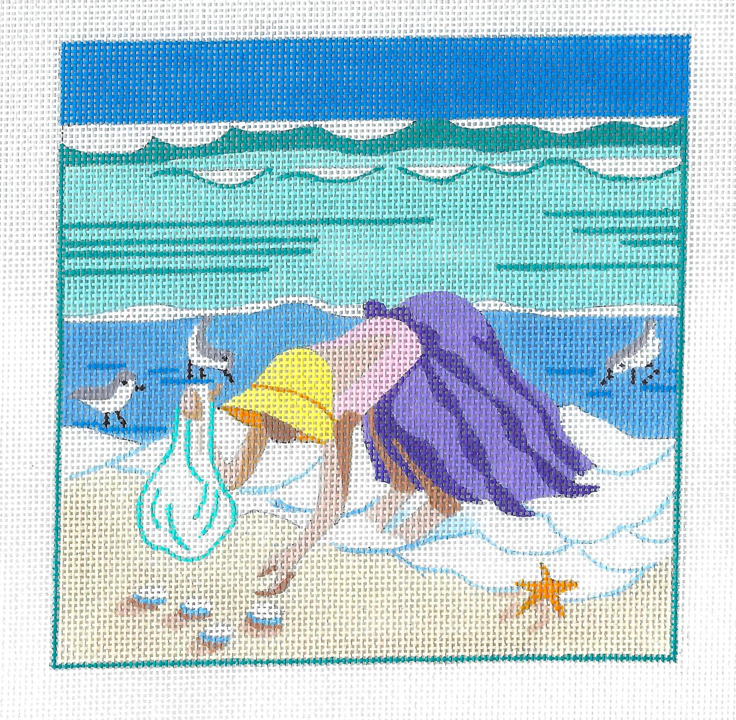 Beachside Canvas ~ Lady Gathering Seashells On The Beach 6" Sq. 18 Mesh handpainted Needlepoint Canvas by Kamala from Juliemar