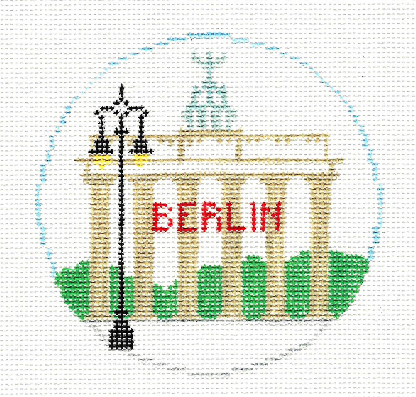 Travel Round ~ BERLIN, GERMANY Brandenburg Gate 18 Mesh handpainted 4" Rd. Needlepoint Canvas by Kathy Schenkel