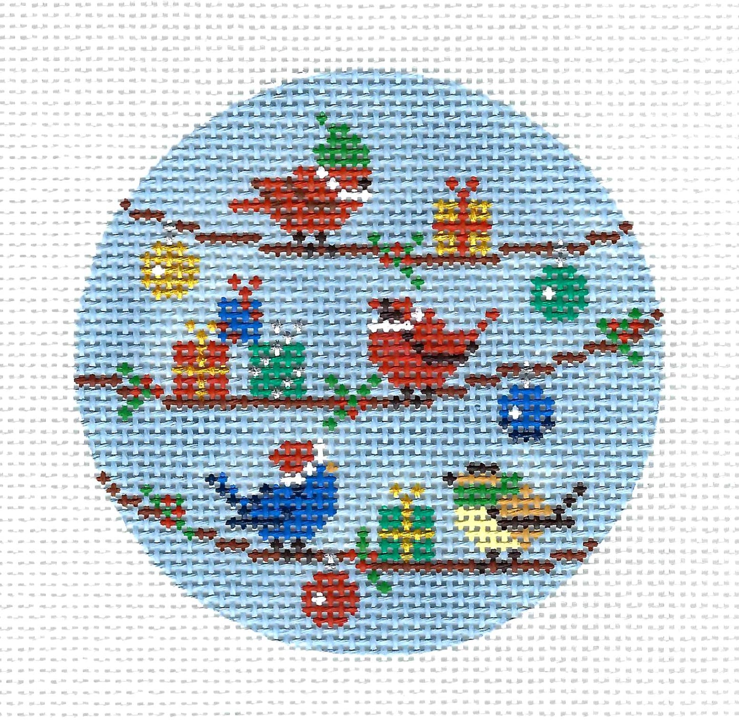 Birds Christmas ~ Christmas Birds Sharing Gifts handpainted 13 Mesh Needlepoint Canvas Ornament Alice Peterson