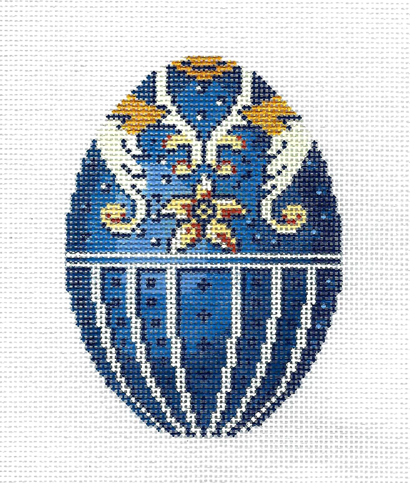 Faberge Egg ~ Blue, Cream & Gold Jeweled Egg handpainted 18 Mesh Needlepoint Canvas Ornament by LEE