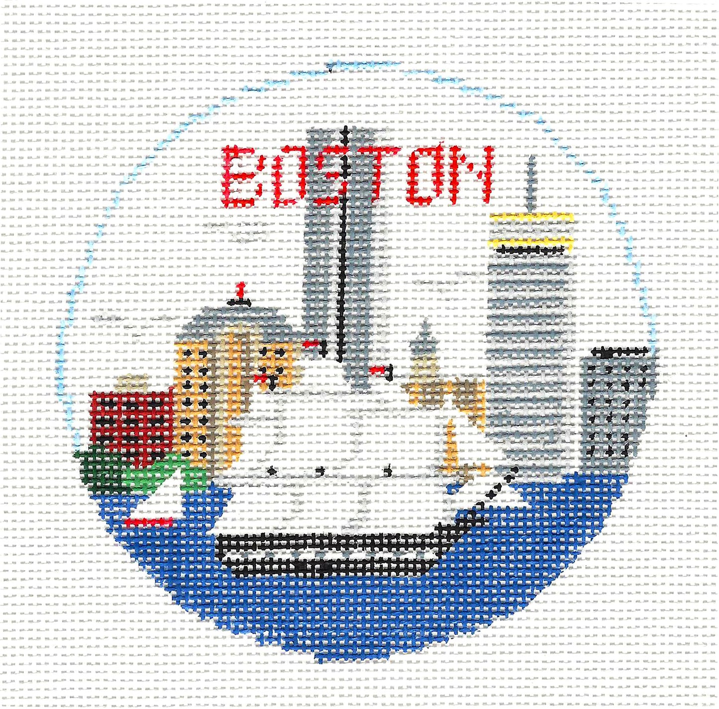 Travel Round ~ Boston, Massachusetts Harbor & Ship handpainted 18 Mesh 4" Rd. Needlepoint Canvas by Kathy Schenkel