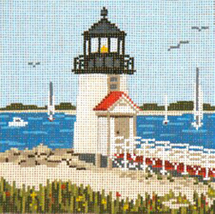 Travel Canvas ~ Brant Point Lighthouse on Nantucket handpainted 18 mesh 5" Sq. Needlepoint Canvas by Needle Crossings