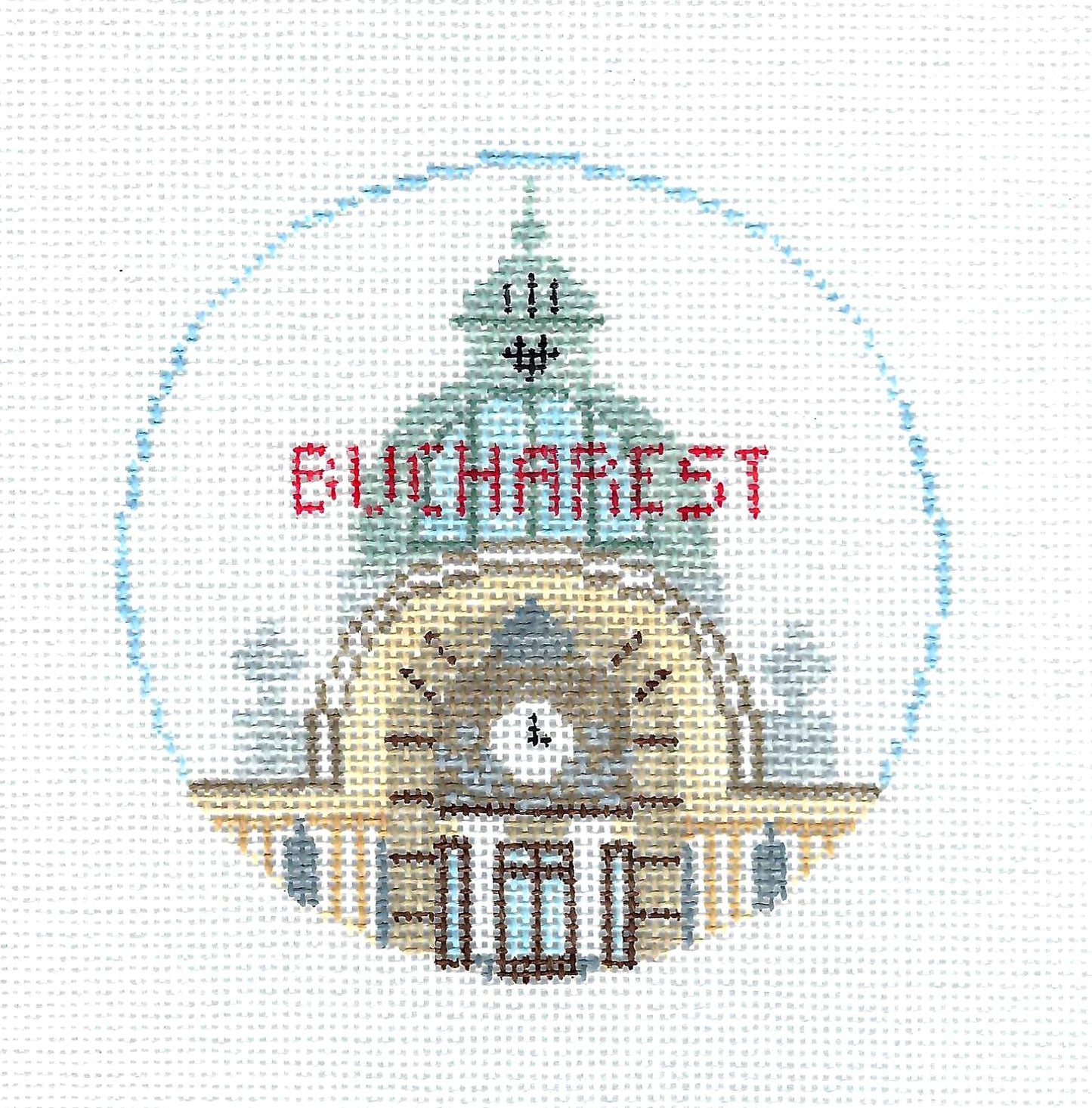 Travel Round ~ Bucharest, Romania 18 Mesh handpainted 4" Needlepoint Ornament Canvas by Kathy Schenkel