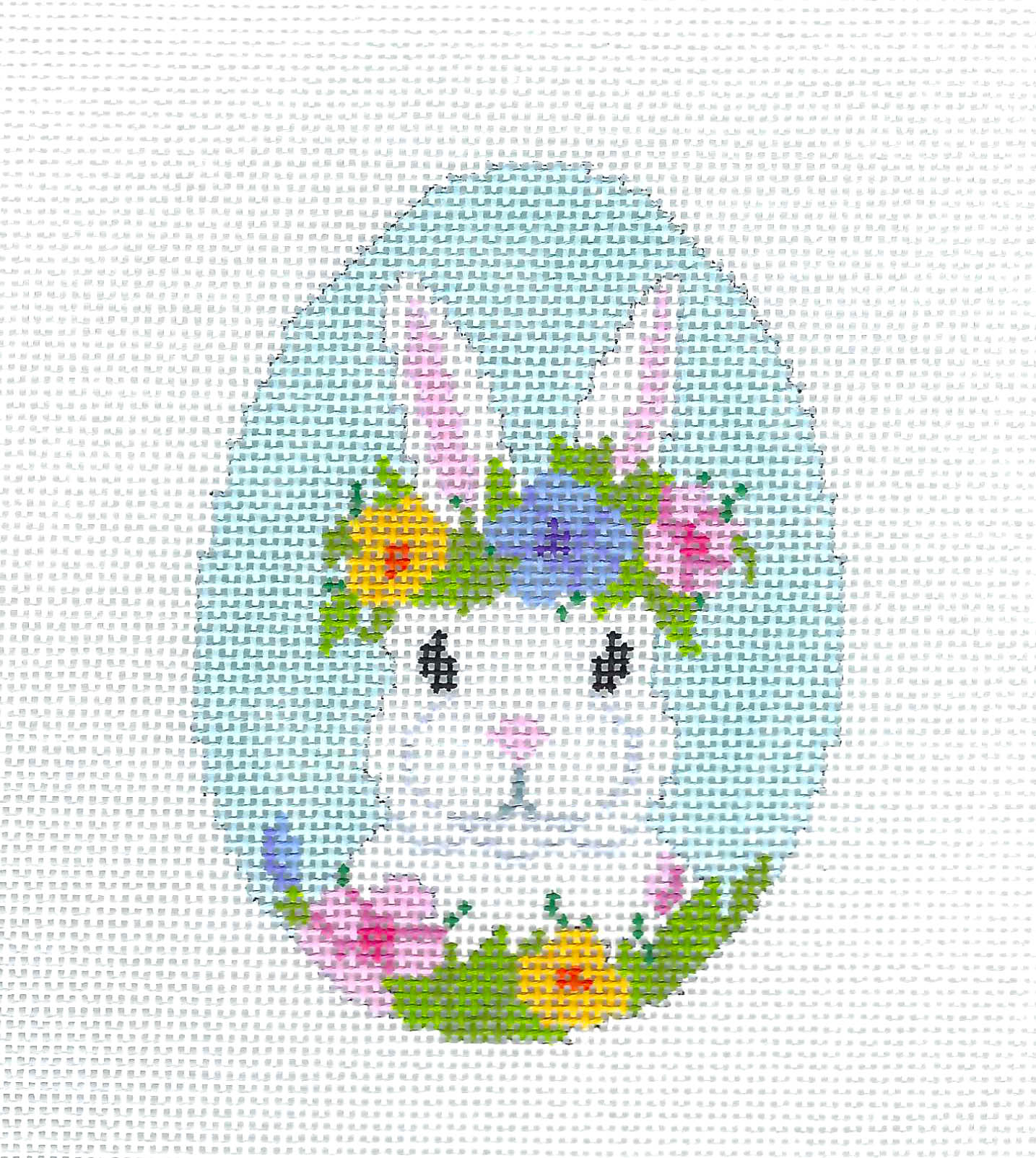 Egg ~ Bunny with a Floral Wreath on a Blue Egg handpainted Needlepoint Ornament by Susan Roberts
