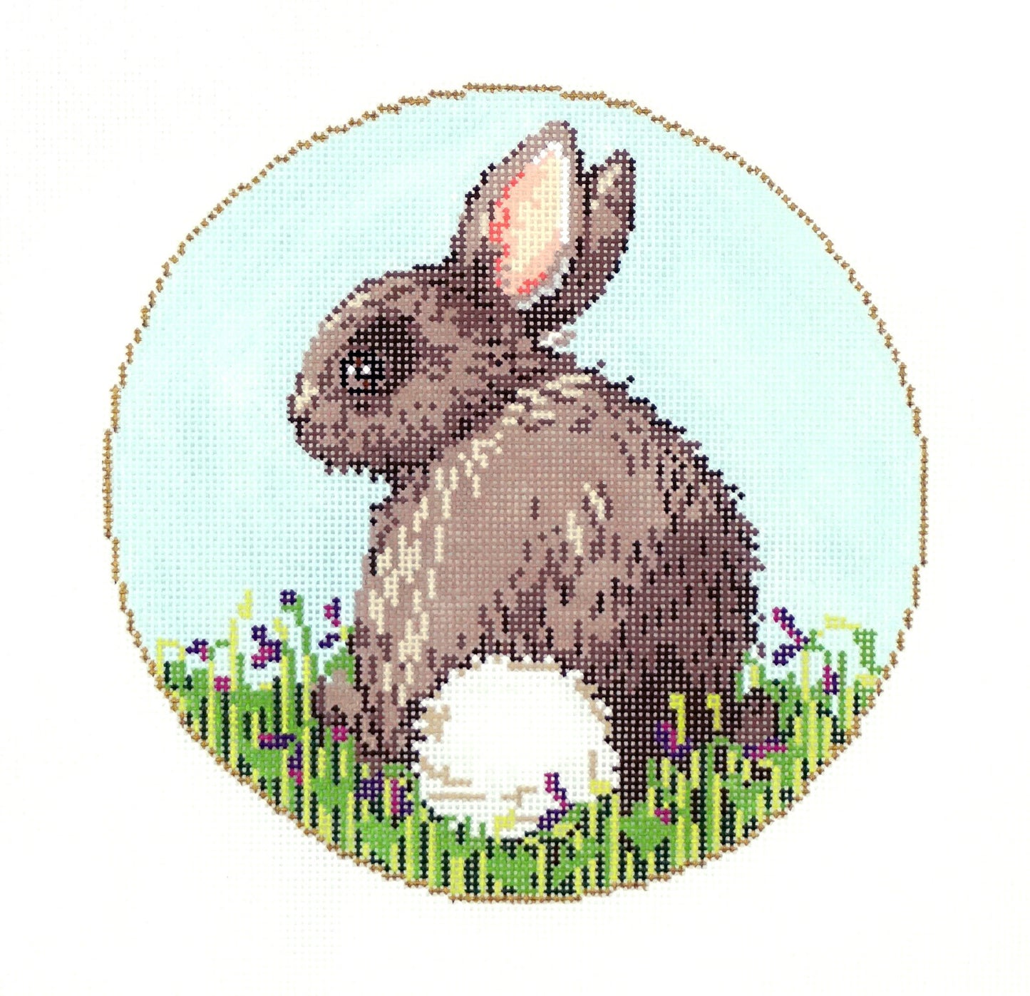 "Spring Bunny Tail" LG. 6.25" Round handpainted Needlepoint Canvas by Sandra Gilmore