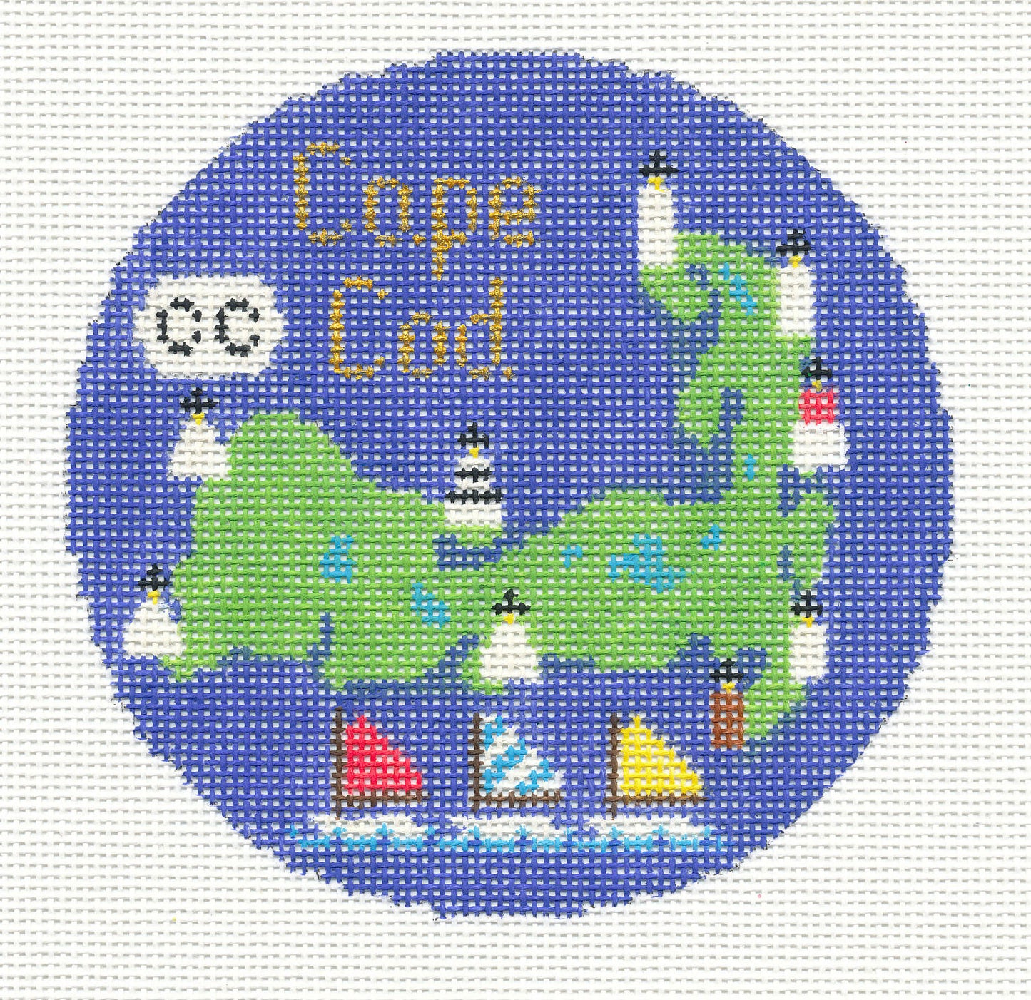 Round ~ CAPE COD, MASS handpainted 18 Mesh Needlepoint Ornament Canvas by Silver Needle