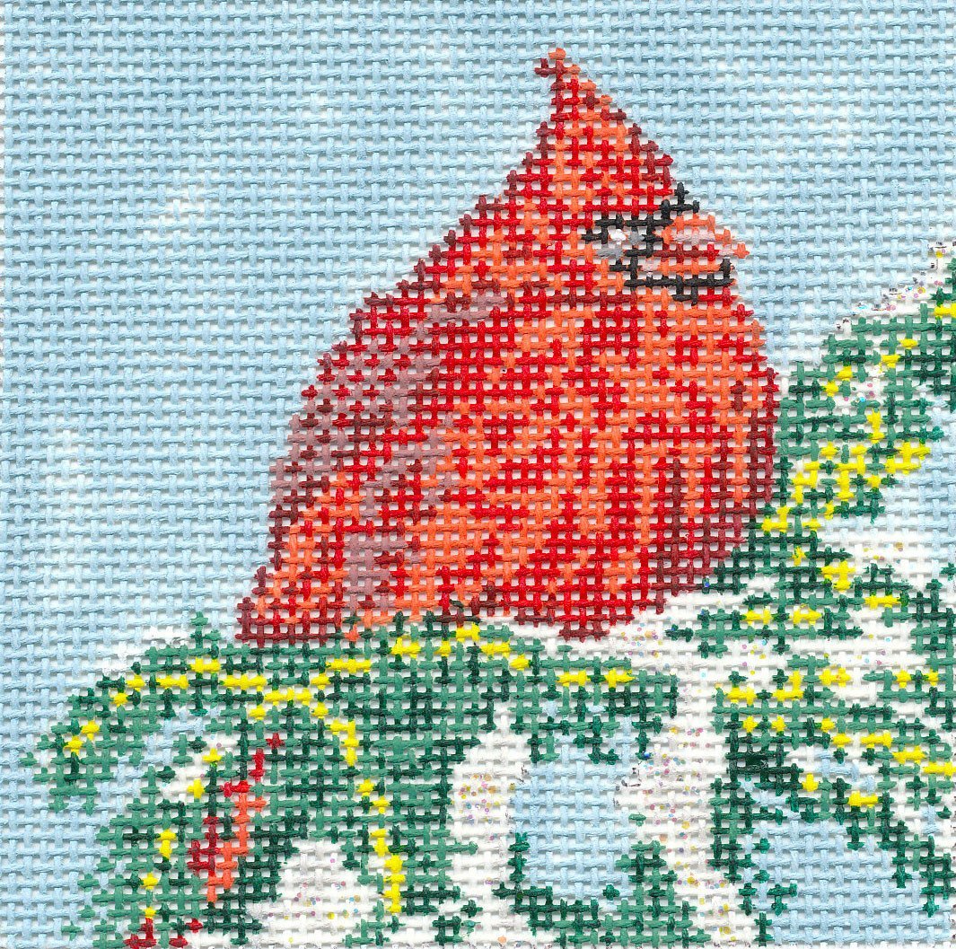 Bird Canvas ~ Red Male Cardinal Bird 3.5" Sq. handpainted 18 mesh Needlepoint Canvas by Needle Crossings
