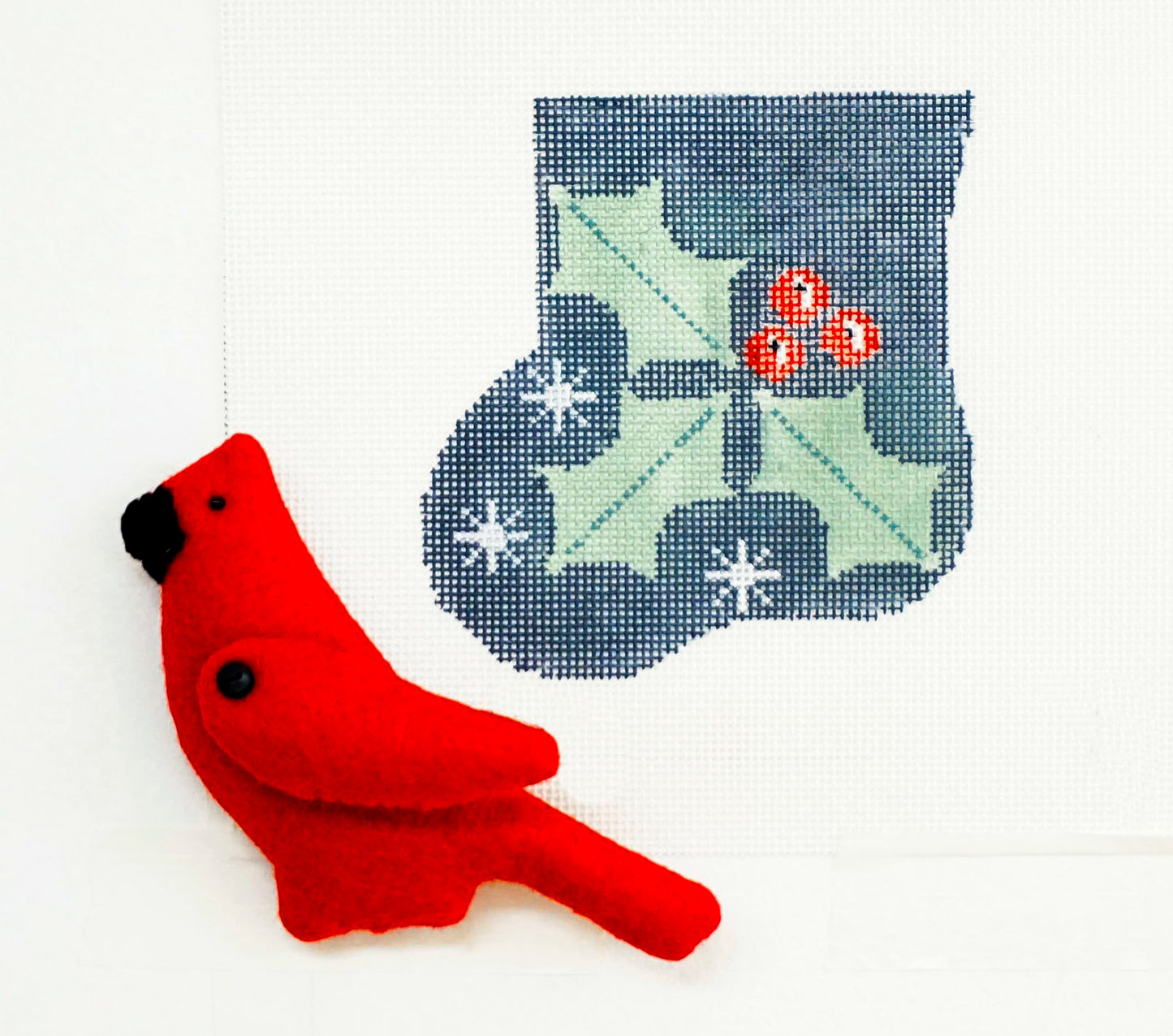 CANVAS SET ~ Cardinal and Holly Mini Stocking SET Needlepoint Ornament by Kathy Schenkel