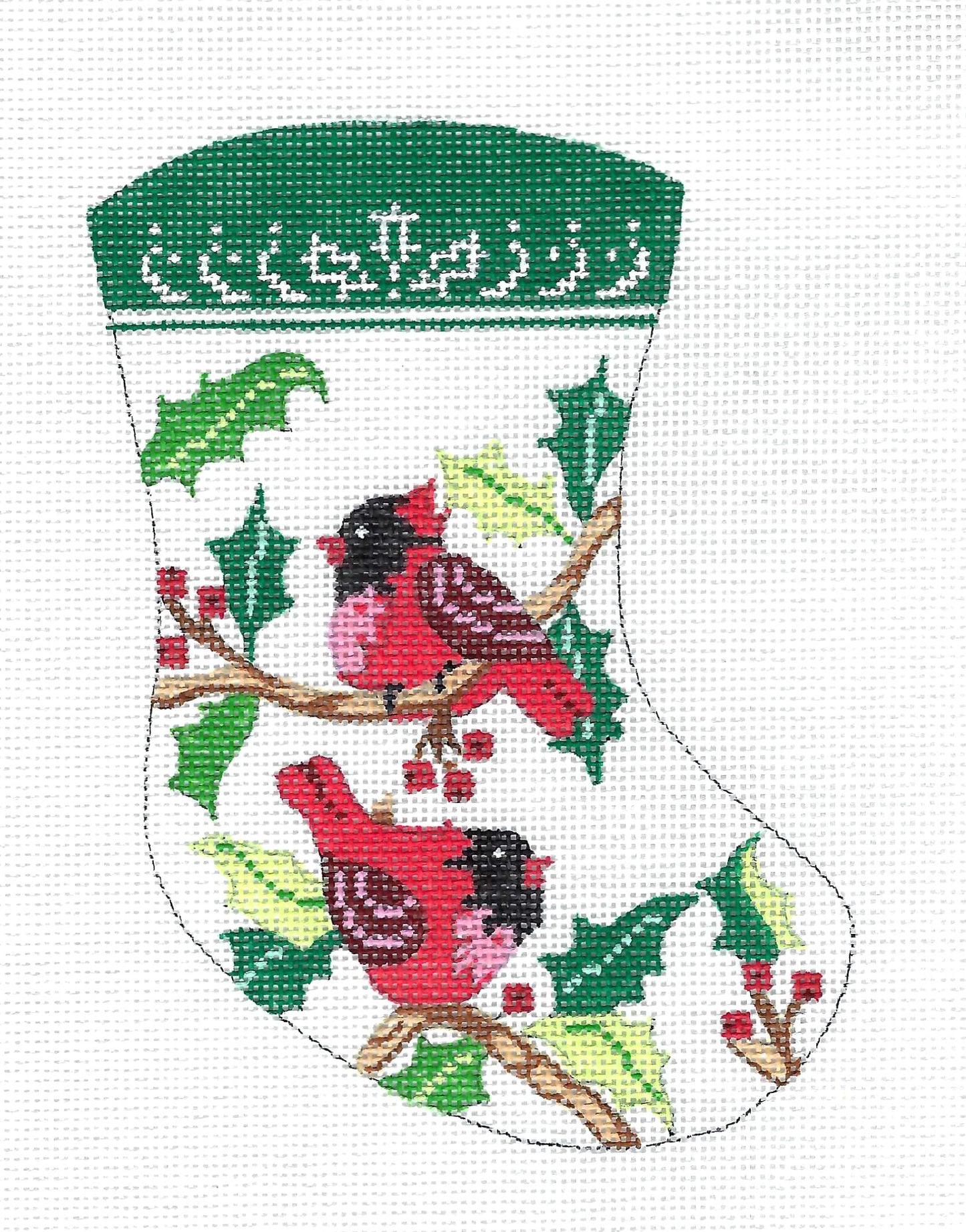 Christmas ~ 2 Cardinals in Holly Mini Stocking Ornament handpainted Needlepoint Canvas by MM Designs