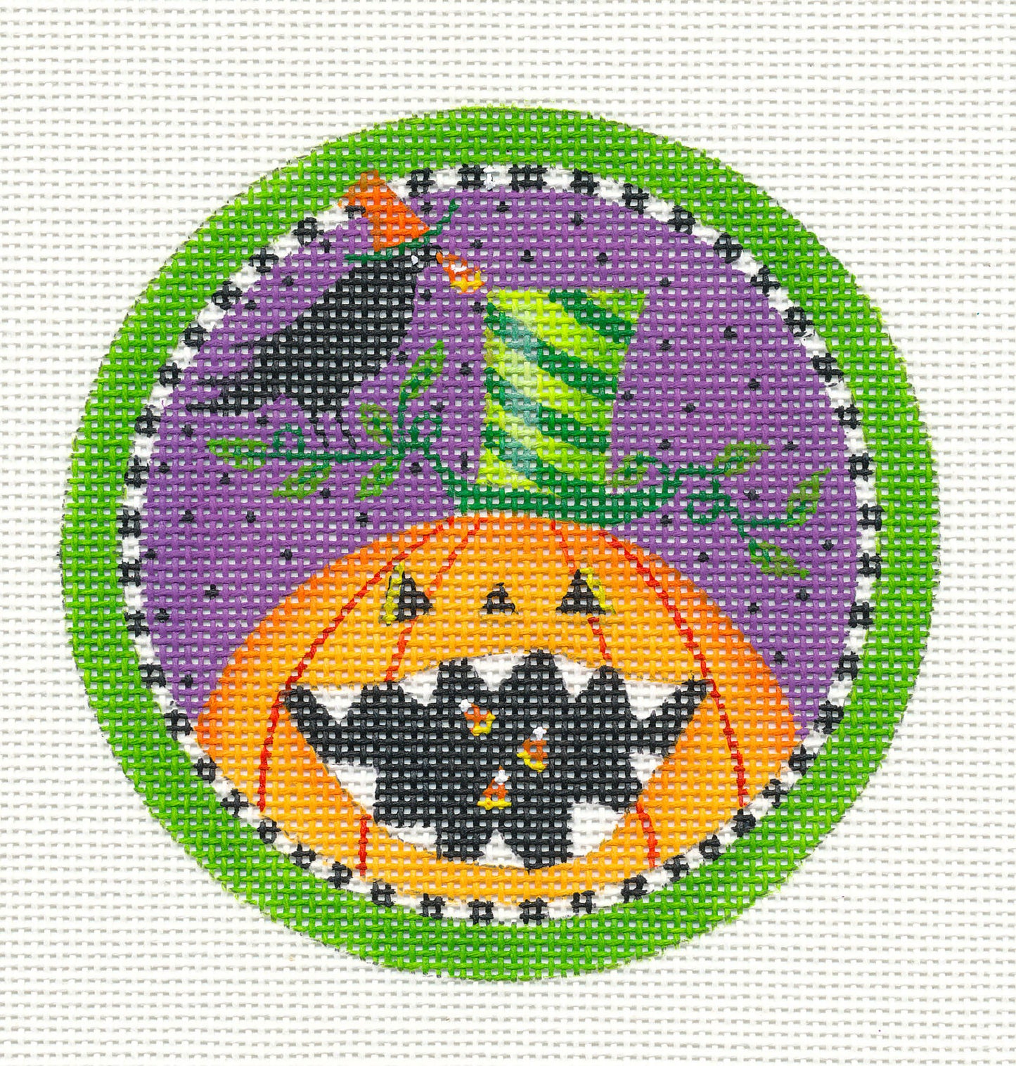 Halloween ~ Pumpkin and Crow 4" Rd. Ornament on Handpainted 18 Mesh Needlepoint Canvas by Lainey Daniels from Danji