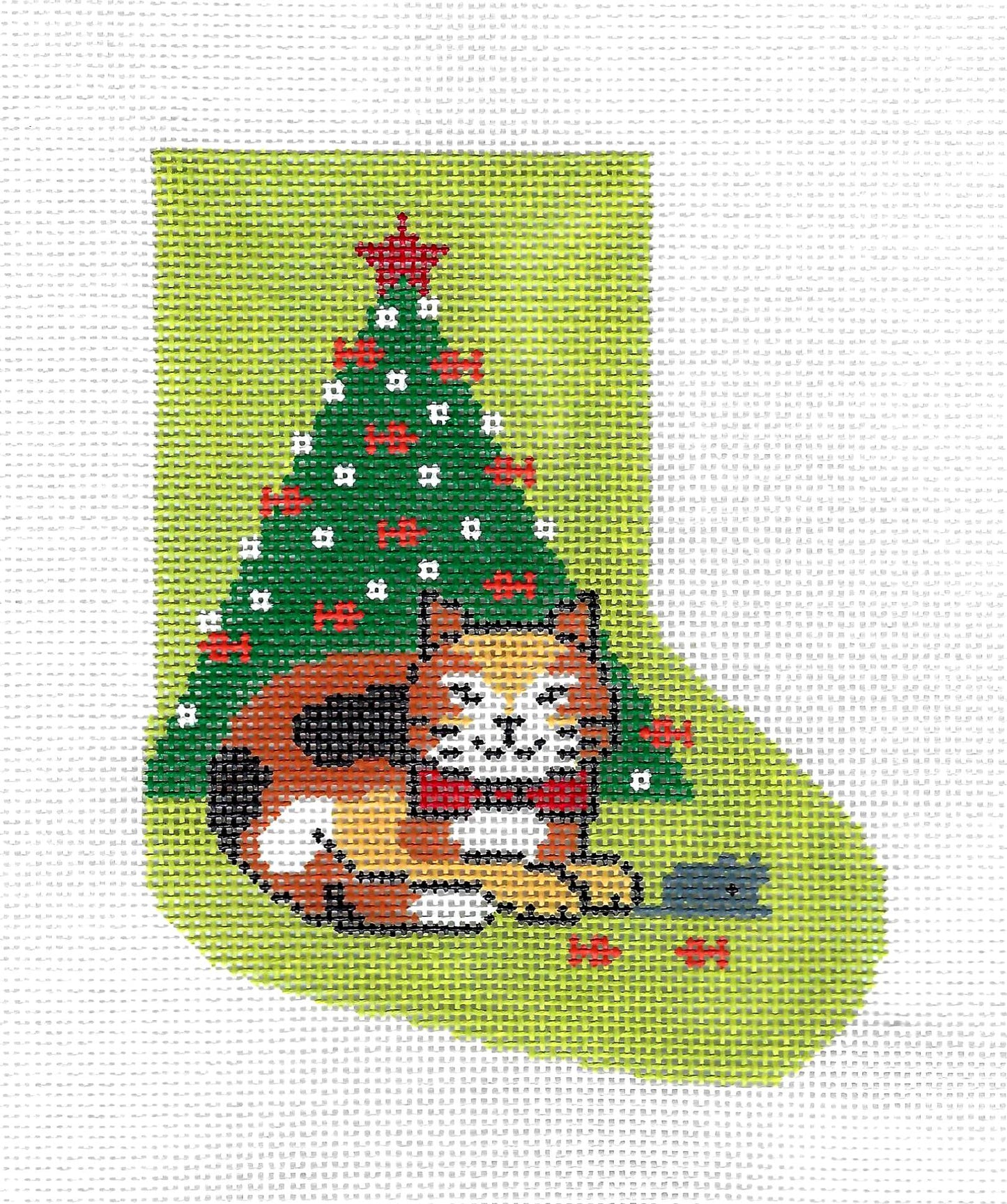 Mini Stocking ~ Calico Kitty, Mouse & Fishy Christmas Tree Mini Stocking on HP Needlepoint Canvas Ornament by LEE **RETIRED ~ FINAL ONE**